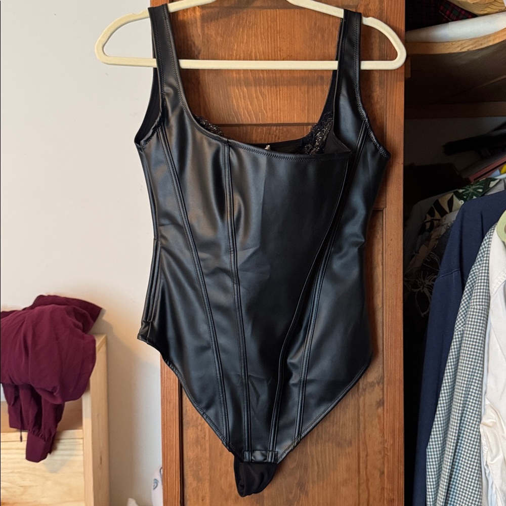 Black Faux Leather Scoop Neck Bodysuit